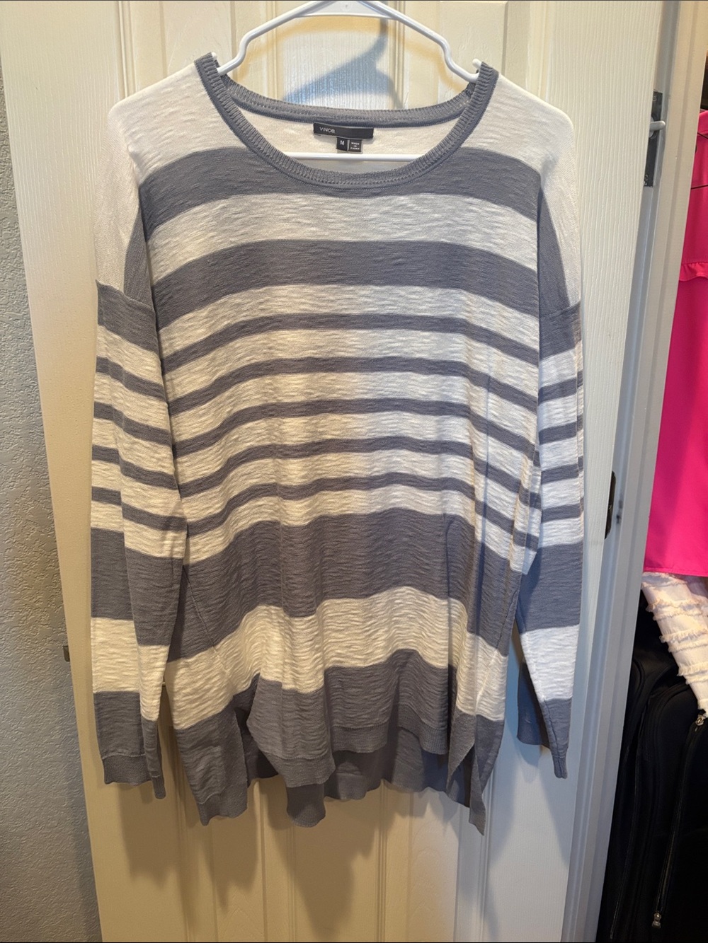 Vince Lightweight 100% Cotton Striped Crewneck Sweater Gray White M